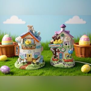 Vintage Easter Village Set of 2: Hand-Painted Porcelain Variety Shop & Station